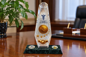 Crystal Award on a Polished Office Desk
